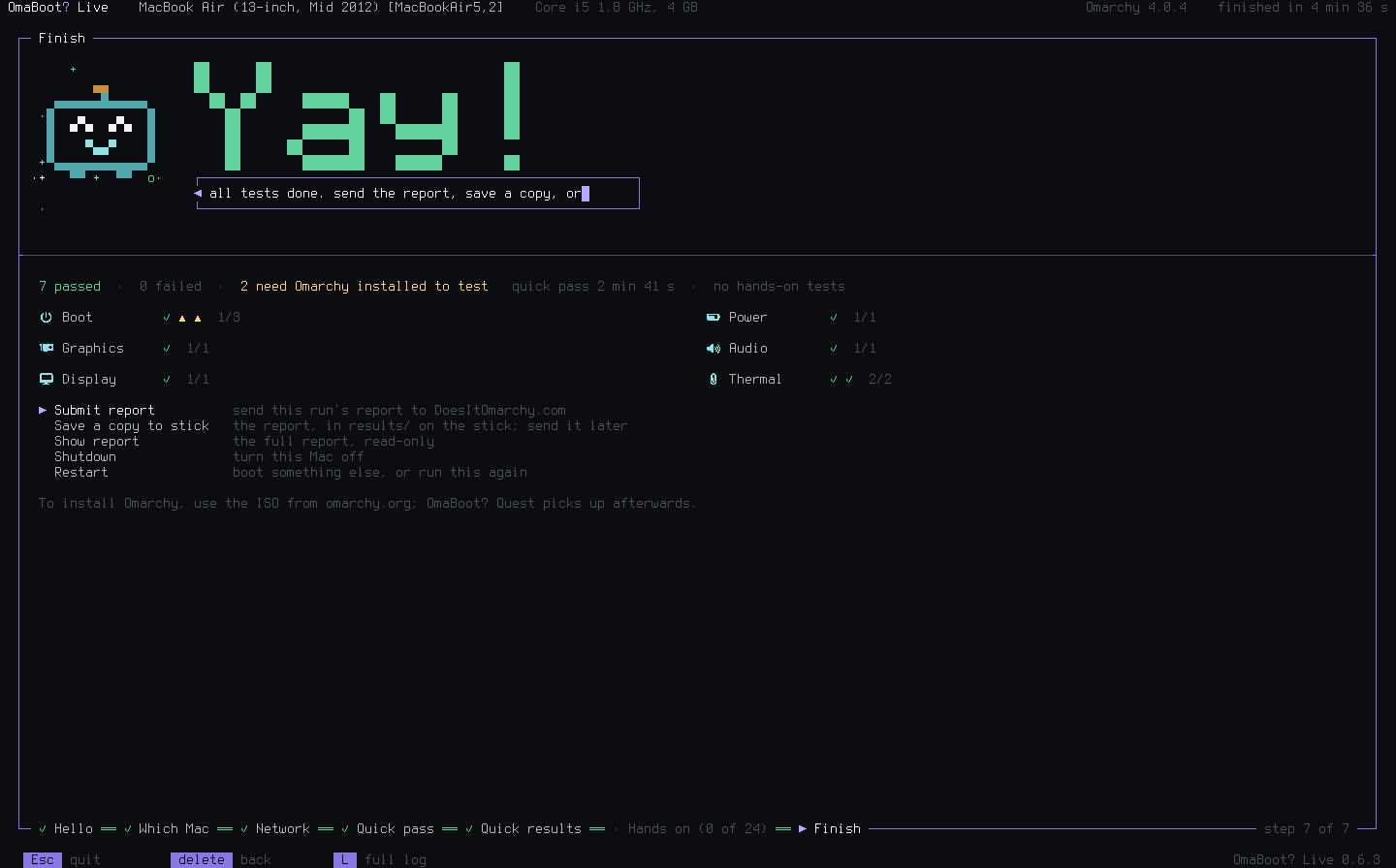 The finish screen: Boot and a big pixel Yay!, the totals, and the choices to submit the report or save a copy to the stick.