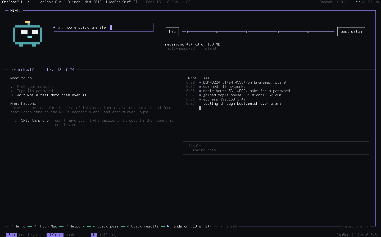 The Wi-Fi test sending data between the Mac and boot.watch, with the joined network and the bytes received so far.
